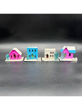 Vintage Putz Houses Christmas Decor Japan Mid Century Cardboard Cottages Pink